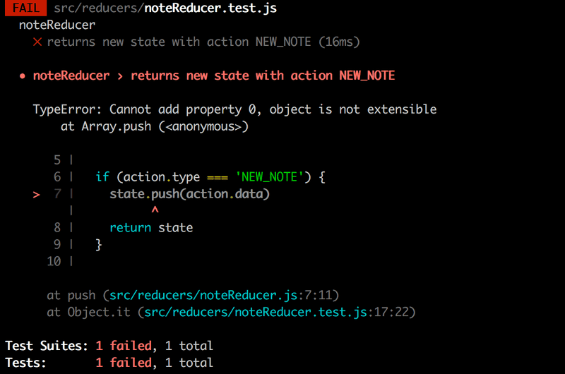 Testi aiheuttaa virheilmoituksen TypeError: Can not add property 0, object is not extensible. Syynä komento state.push(action.payload)